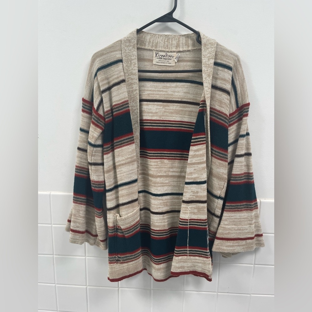 Vintage 60s Kimlon Striped Beige and Red Bell Sleeve Open Cardigan S/M